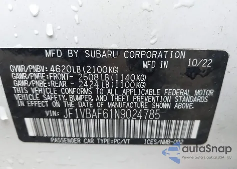 2022 Subaru Wrx Premium из США, поврежденный, VIN JF1VBAF61N9024785